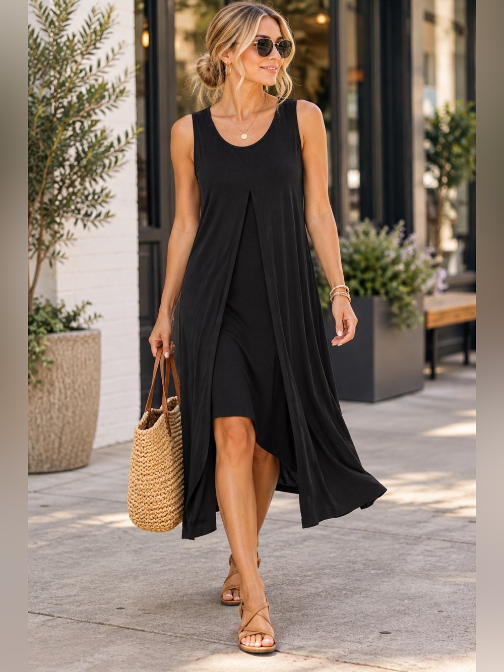 Cabi Black Sleeveless Overlay Dress Medium Layered Asymmetrical Midi Dress